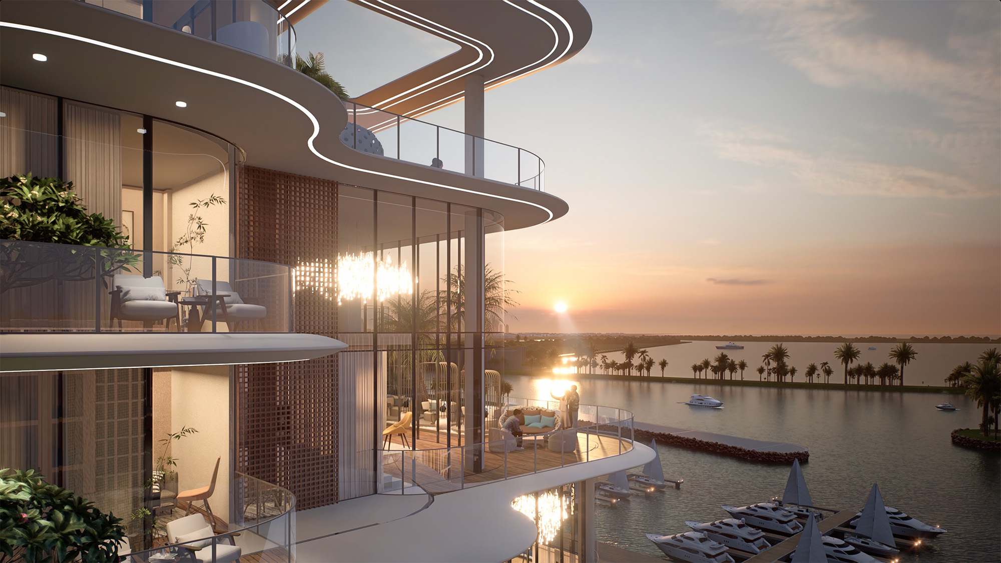 Cotier House By Imtiaz A luxurious modern waterfront residence at sunset, featuring stylish balconies, palm trees, and yachts docked nearby.